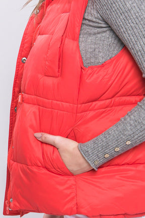 Zip Up Button Puffer Vest | Red