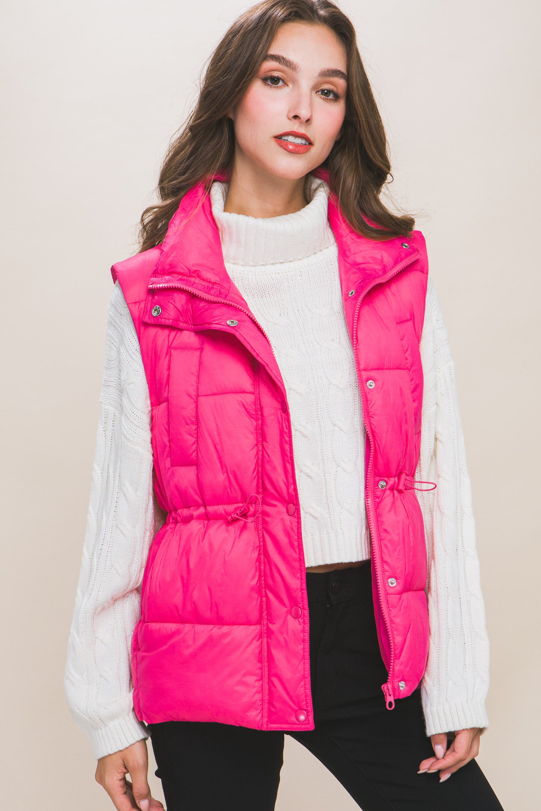 Zip Up Button Puffer Vest | Fuchsia