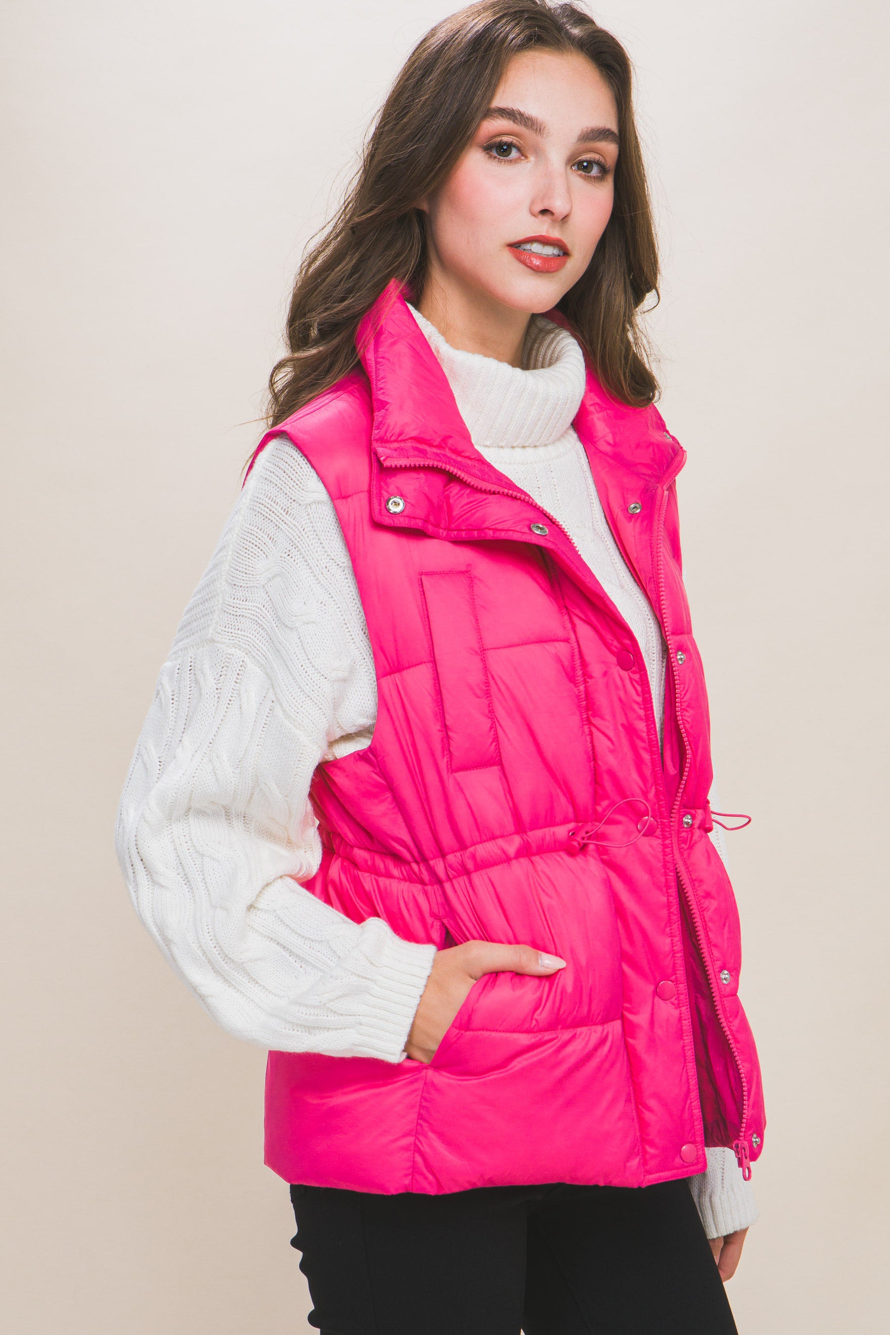 Zip Up Button Puffer Vest | Fuchsia