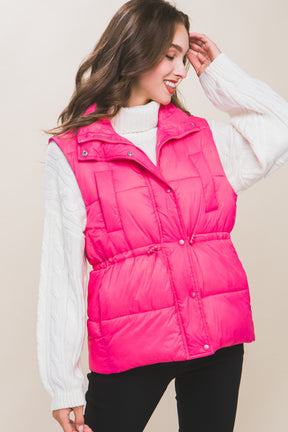 Zip Up Button Puffer Vest | Fuchsia