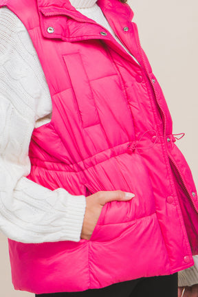 Zip Up Button Puffer Vest | Fuchsia