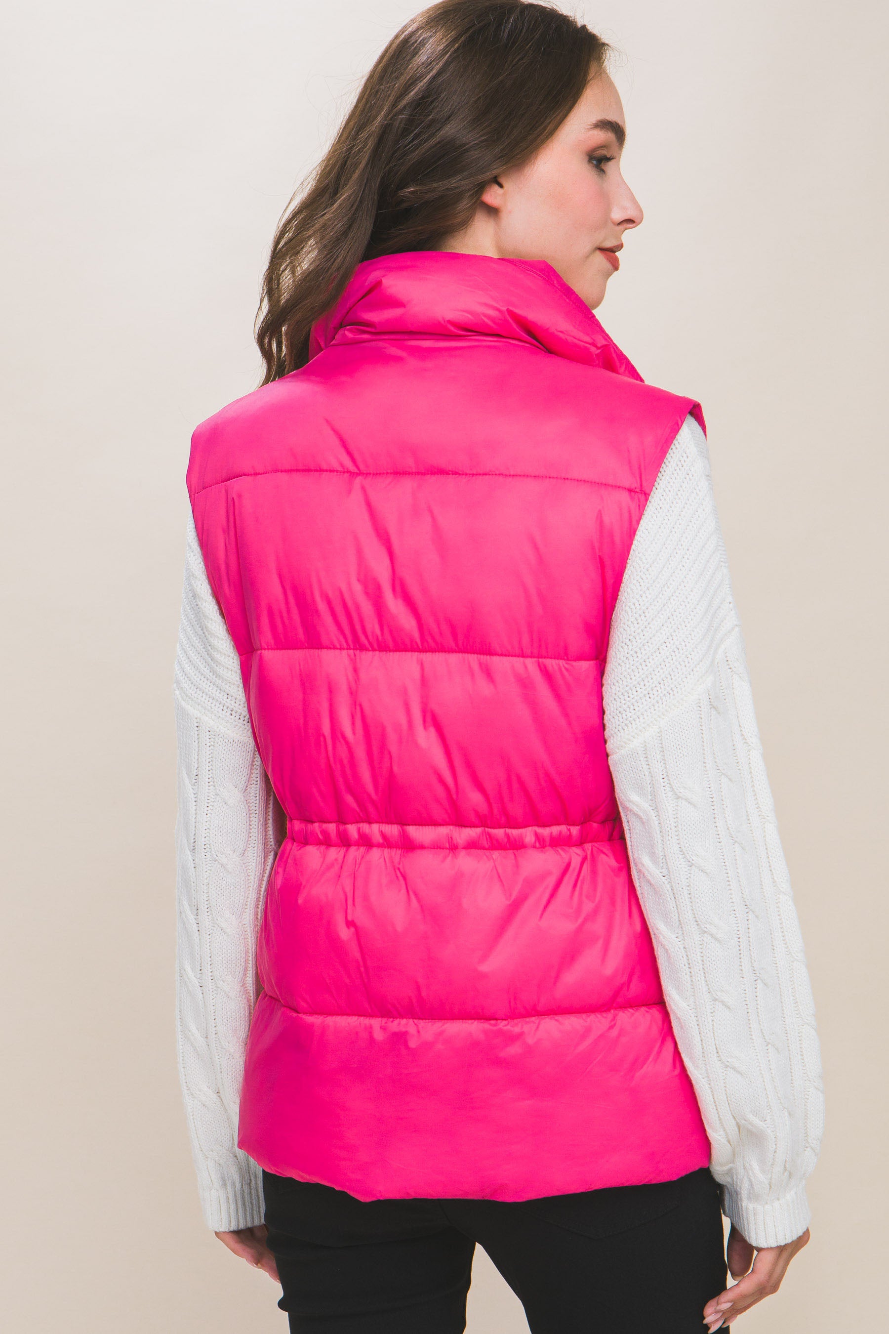 Zip Up Button Puffer Vest | Fuchsia