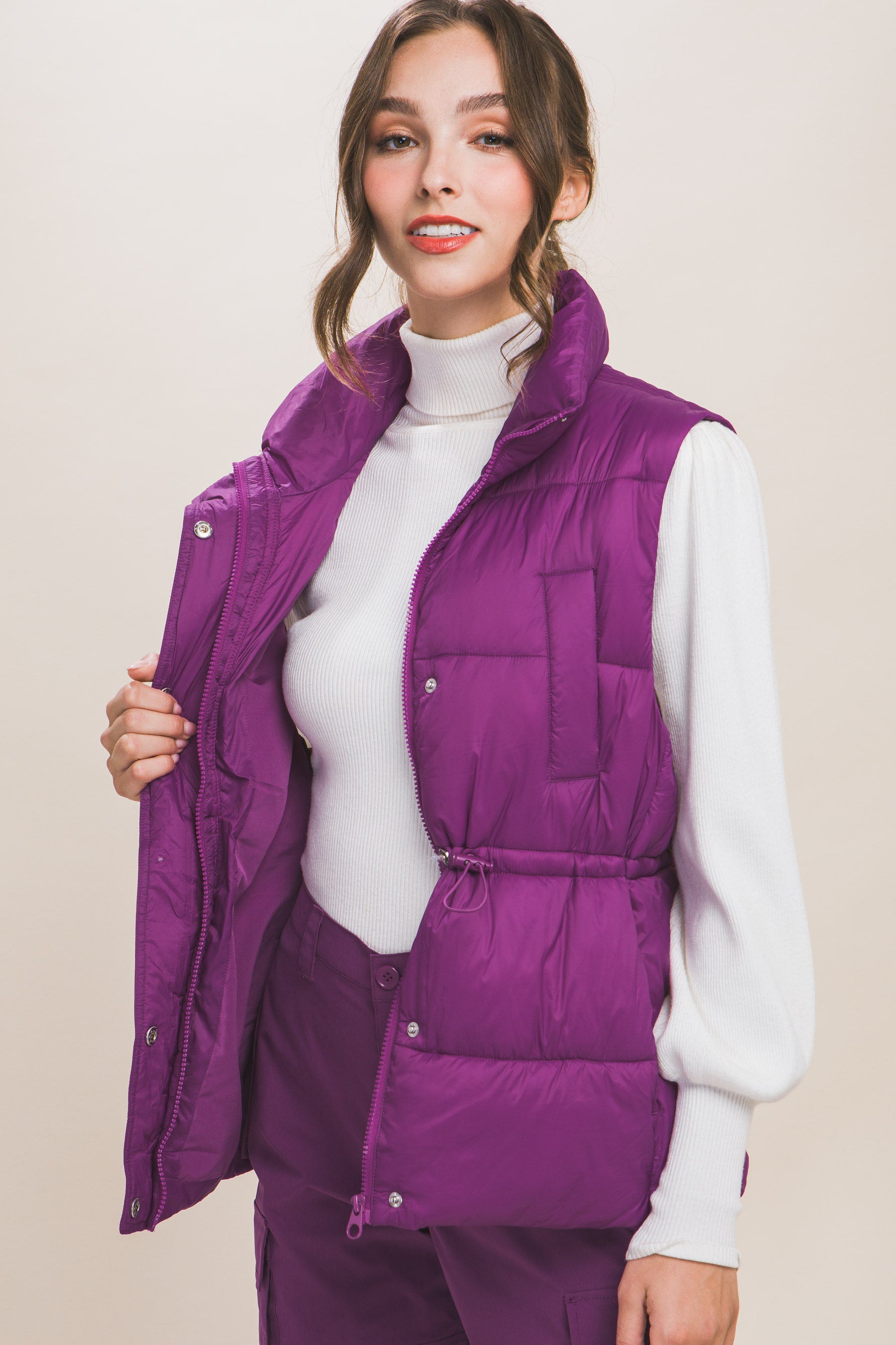 Zip Up Button Puffer Vest | Purple