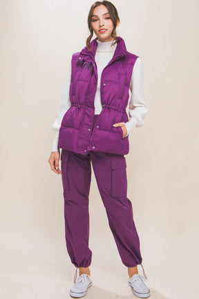 Zip Up Button Puffer Vest | Purple