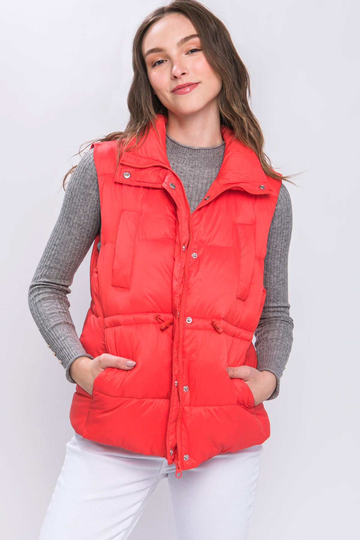 Zip Up Button Puffer Vest | Red