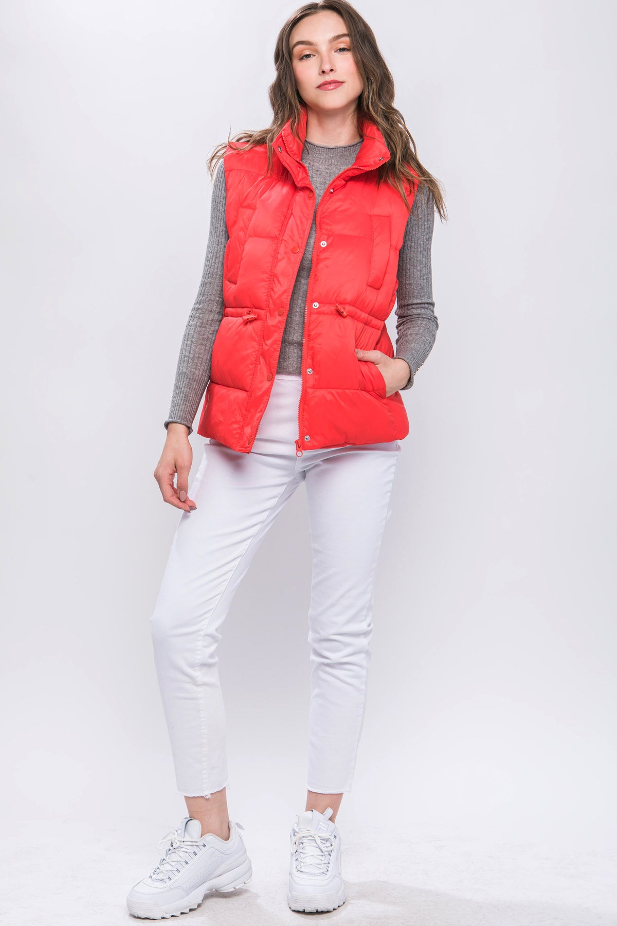 Zip Up Button Puffer Vest | Red