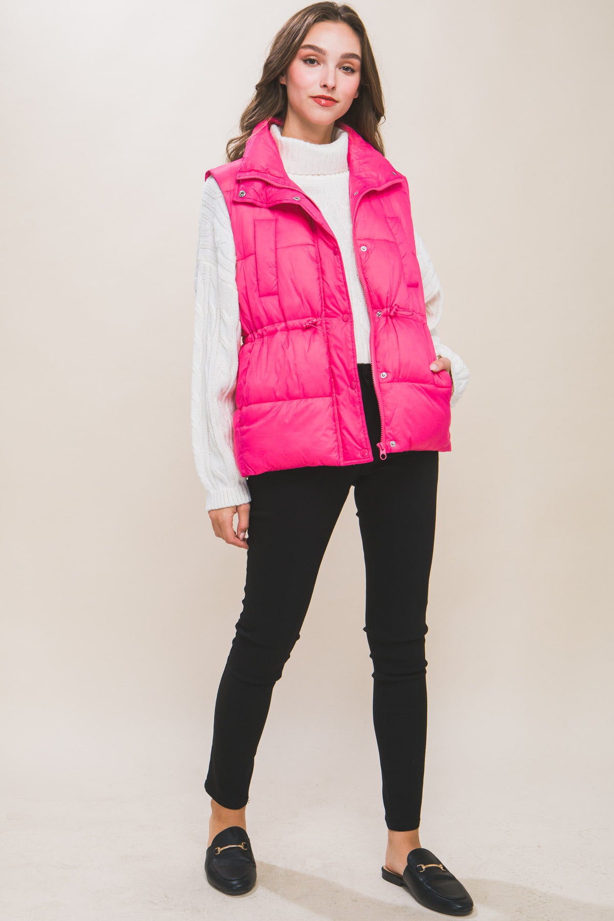 Zip Up Button Puffer Vest | Fuchsia