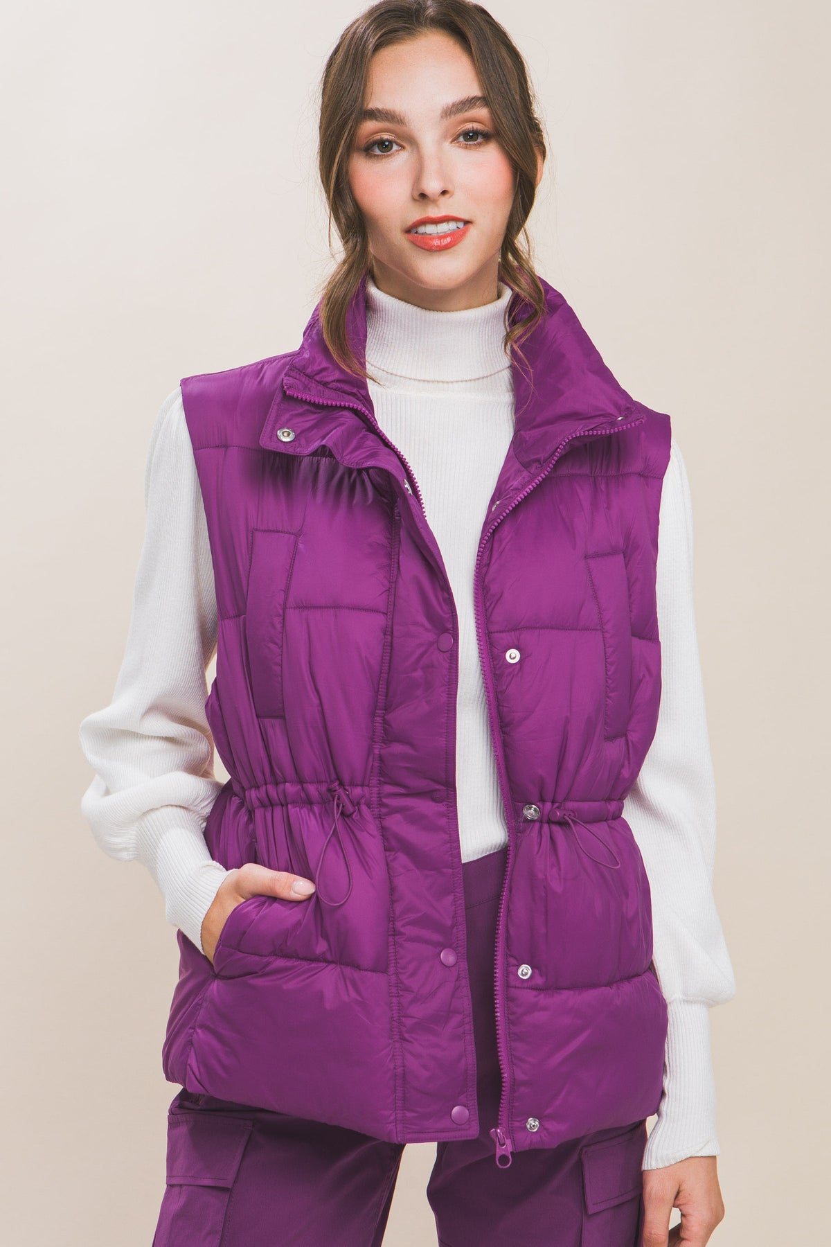 Zip Up Button Puffer Vest | Purple